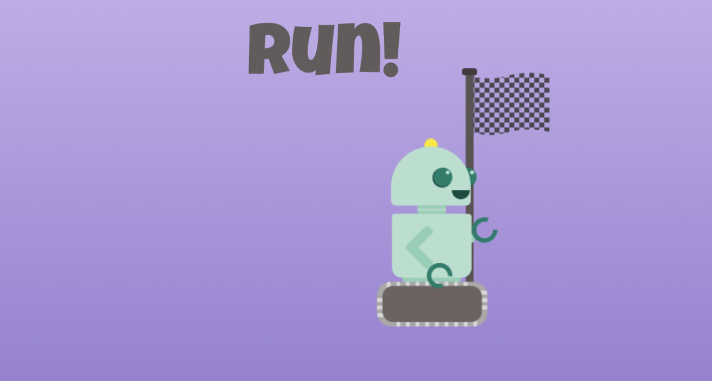 A cute robot moves across a finish line